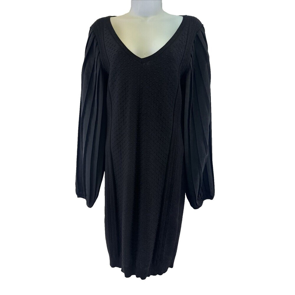 WHBM Luxe Sweater Knit Dress Black Pleated Balloon Sleeves V-Neck Womens Small